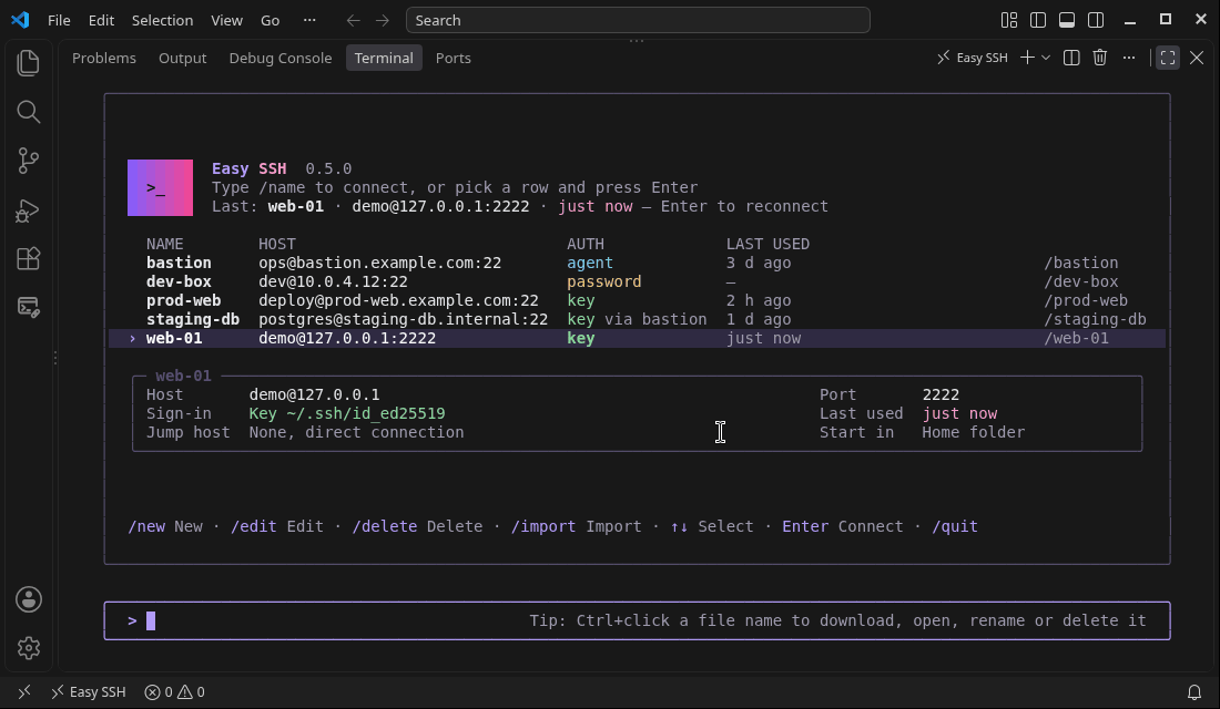 Demo: connect to web-01 from the Easy SSH home screen, list files, Ctrl+click db-dump-2026-10-07.sql.gz, choose Download and watch the progress notification