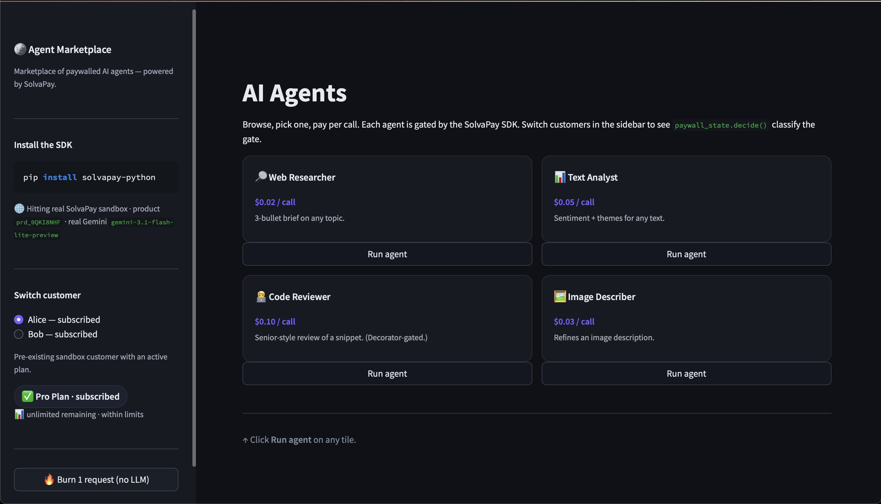 Agent Marketplace demo — SolvaPay Python SDK