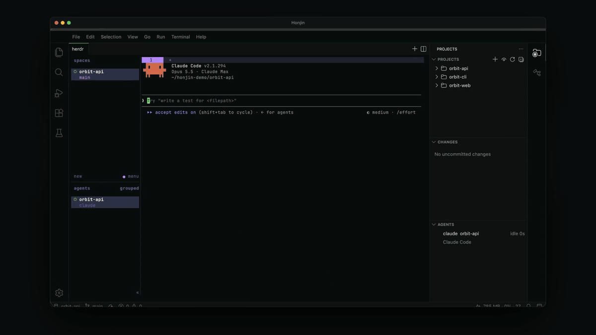 Click + on a folder, pick Claude Code, and the agent starts in a herdr tab there