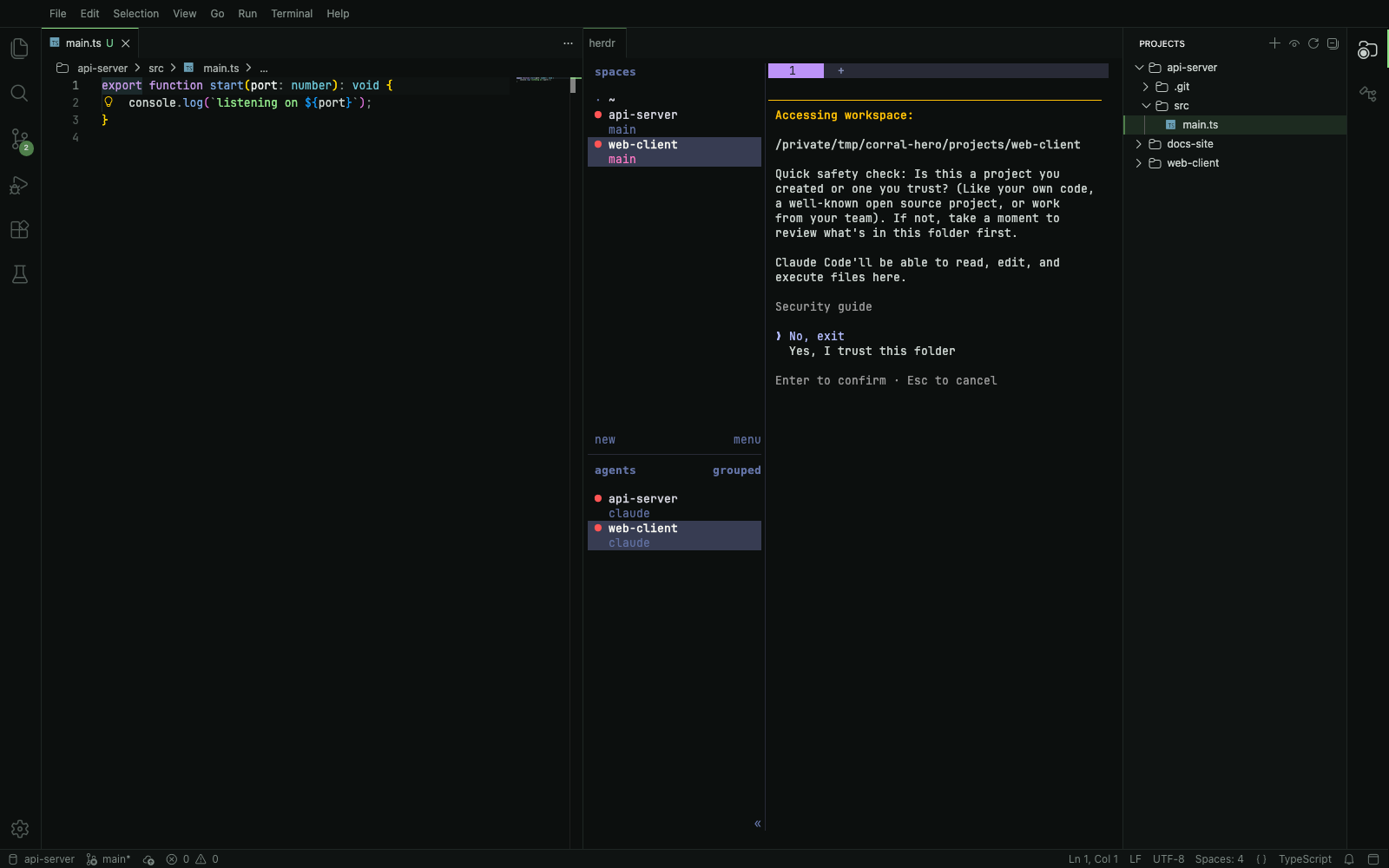 Honjin: the editor, a herdr terminal with two Claude Code tabs, and the Projects tree