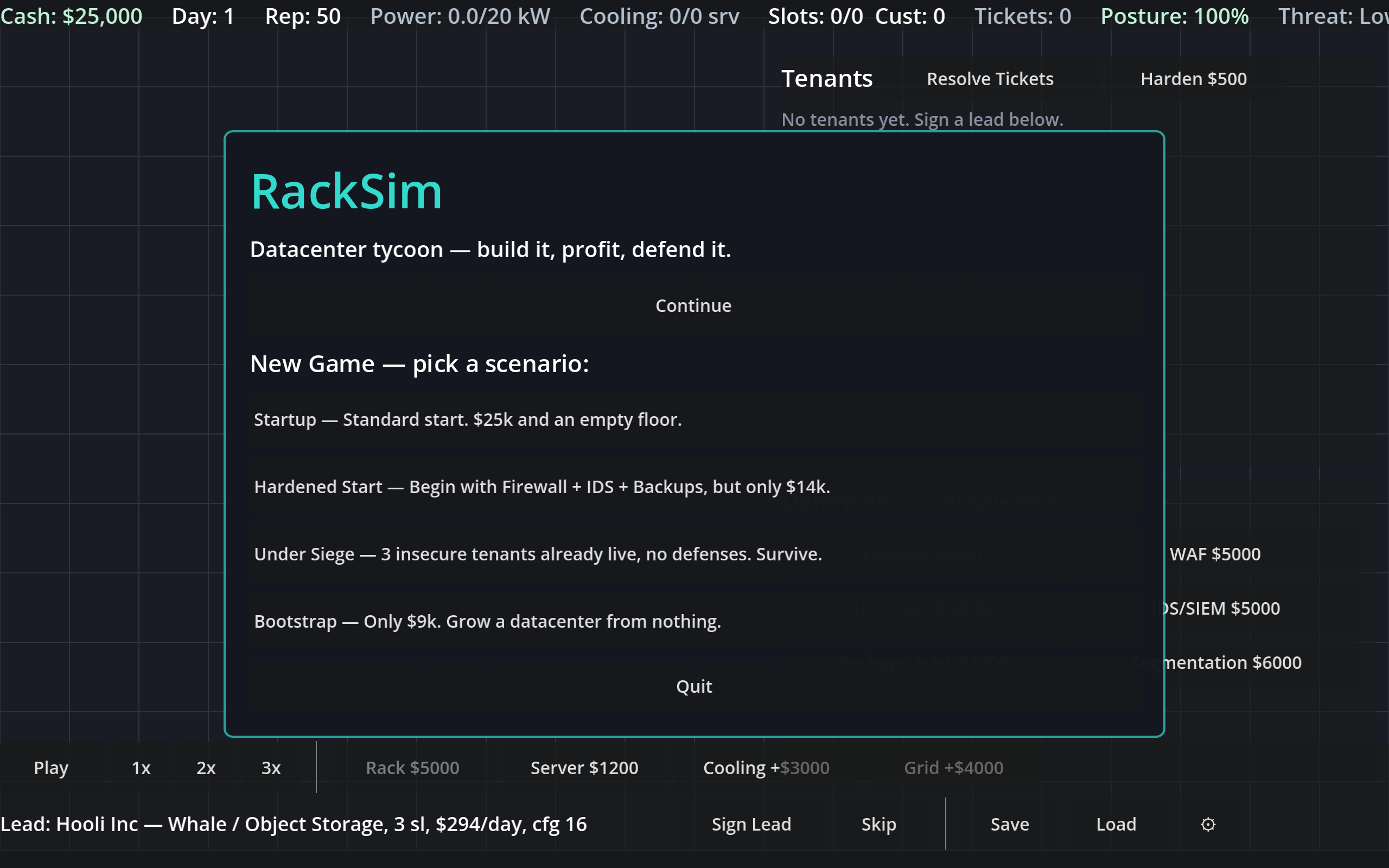 RackSim main menu