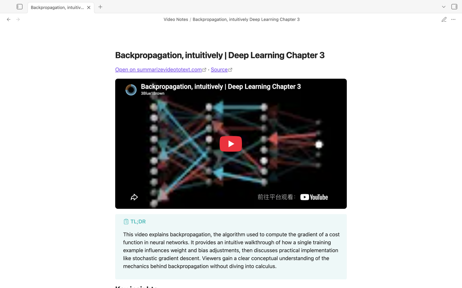 A video note in Obsidian: embedded YouTube player, TL;DR callout and key insights