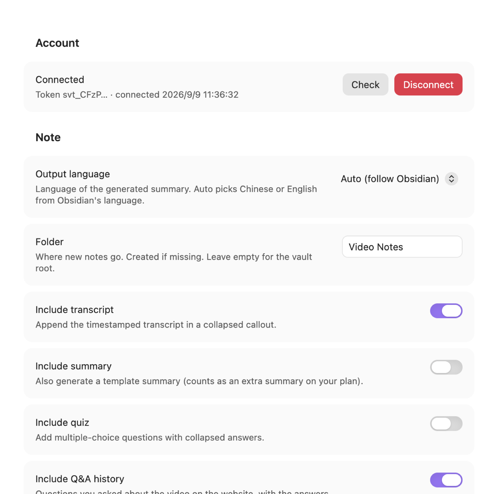 Plugin settings: connected account and note options