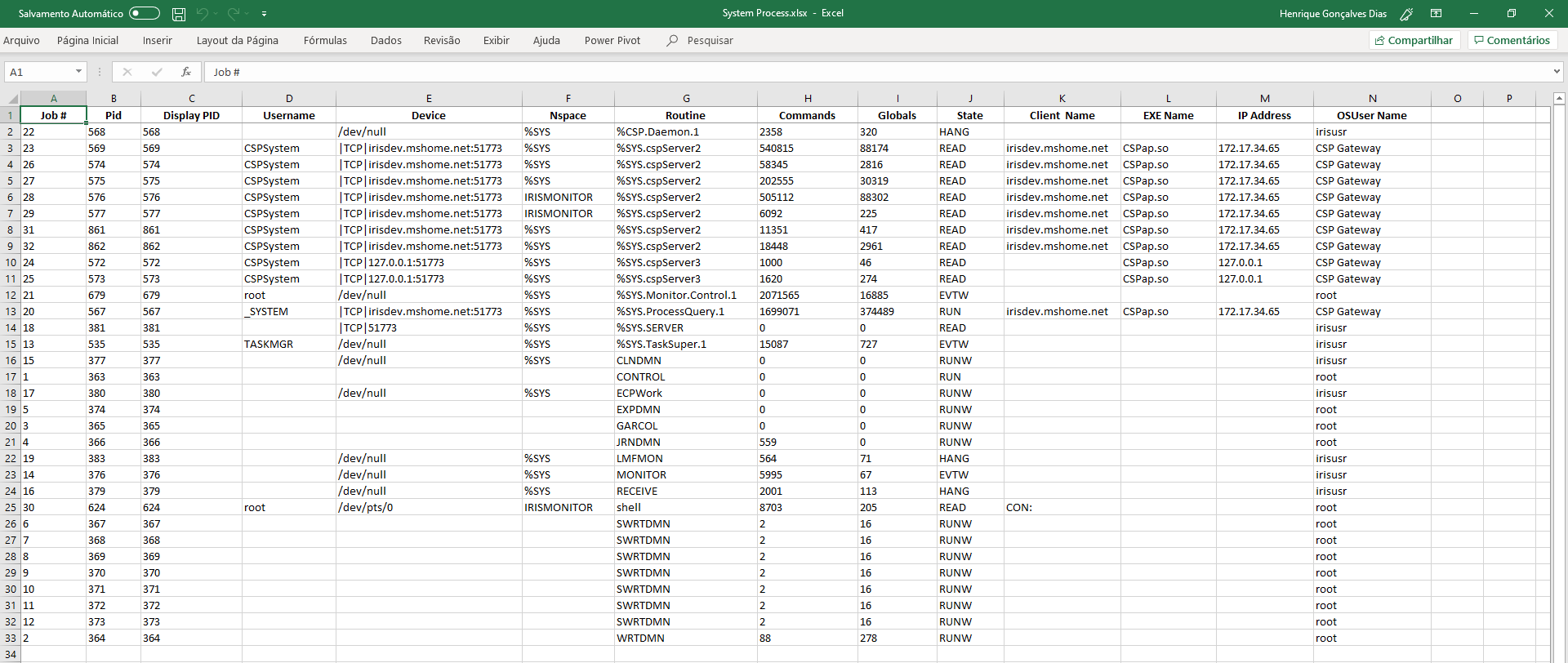 System Processes Excel