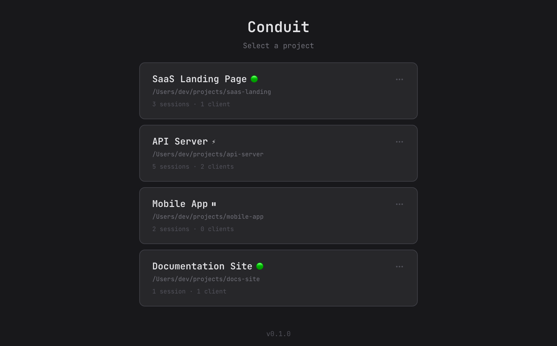 Conduit project dashboard listing multiple OpenCode sessions