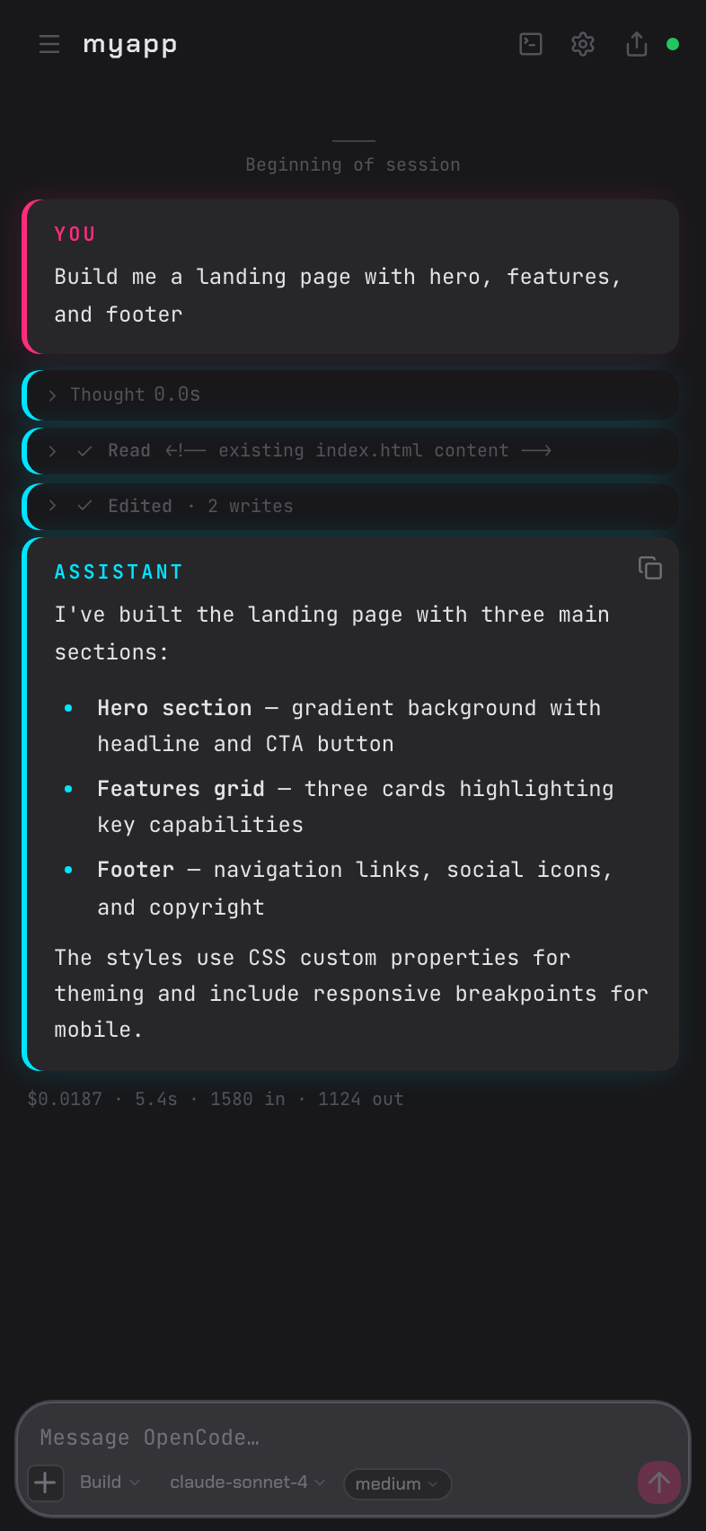 Conduit — OpenCode web UI open in a mobile browser