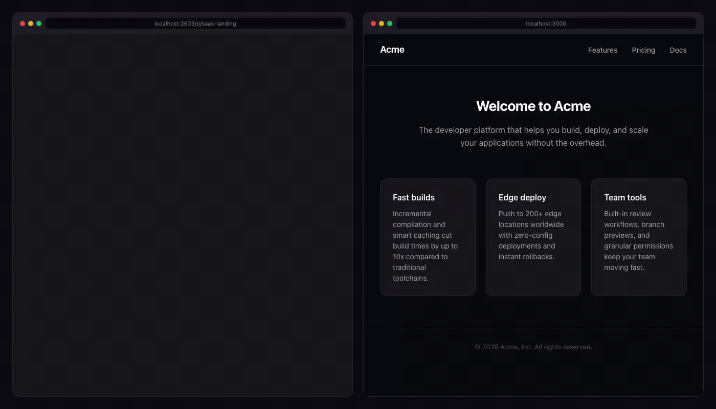 Conduit split-screen: OpenCode session alongside a browser preview