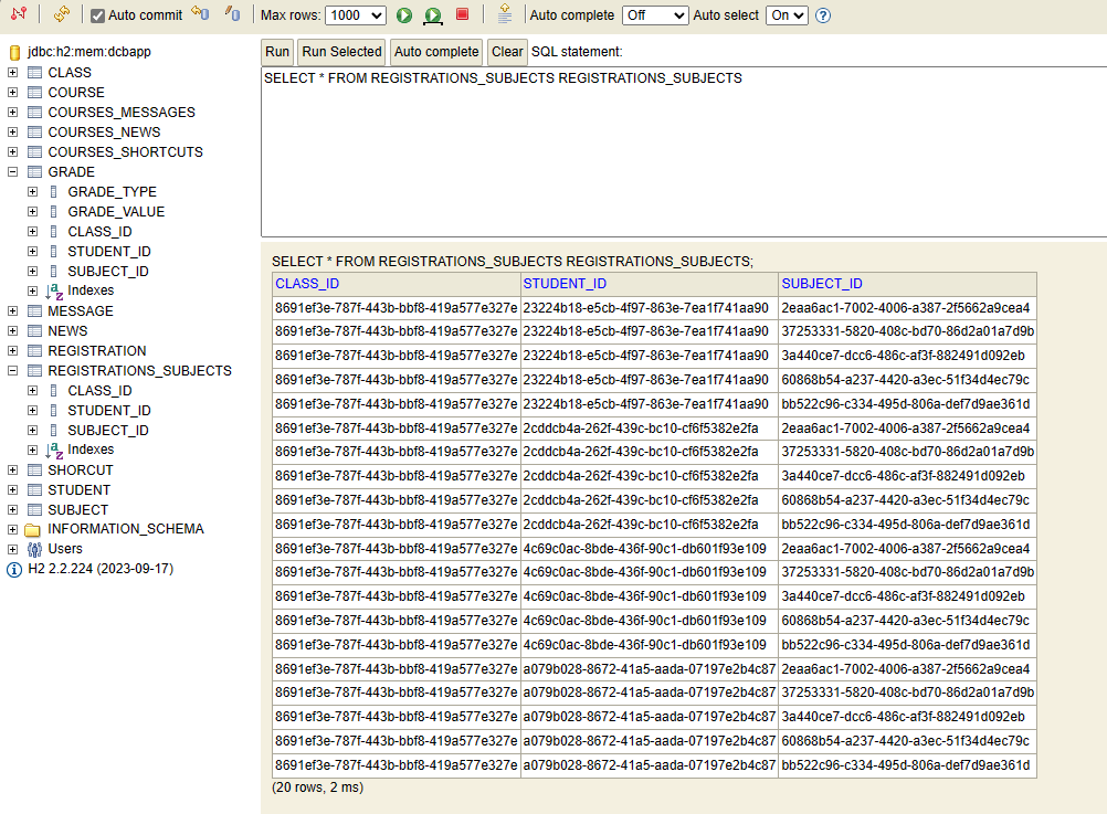 H2 Console Tables and some Tuples