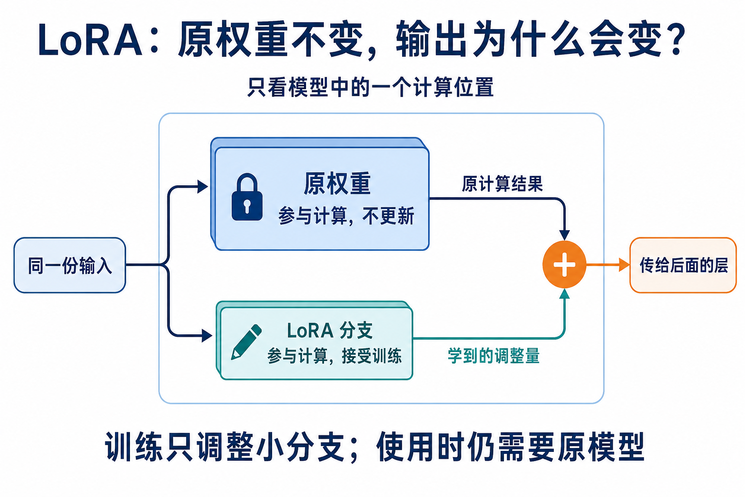 LoRA 教学示意:同一输入进入原权重和新增分支,两路计算结果相加;原权重不更新,分支接受训练,结果继续传给后面的层