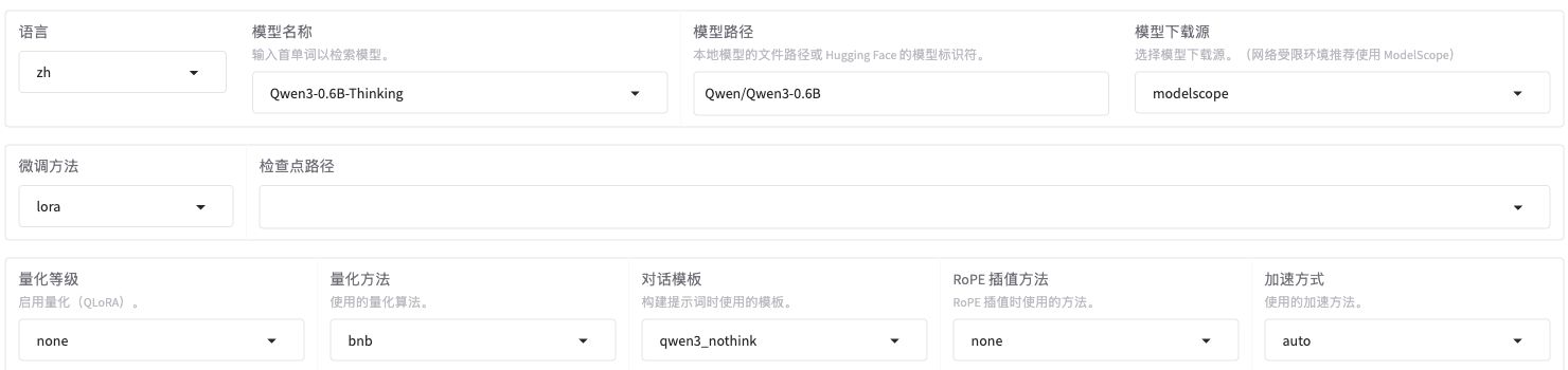 模型与模板设置:Qwen3-0.6B、ModelScope、LoRA、量化none、qwen3_nothink