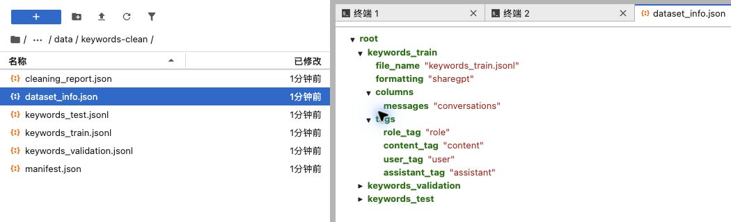 JupyterLab 当前数据目录与展开后的 keywords_train 登记:文件名、对话数组和角色映射