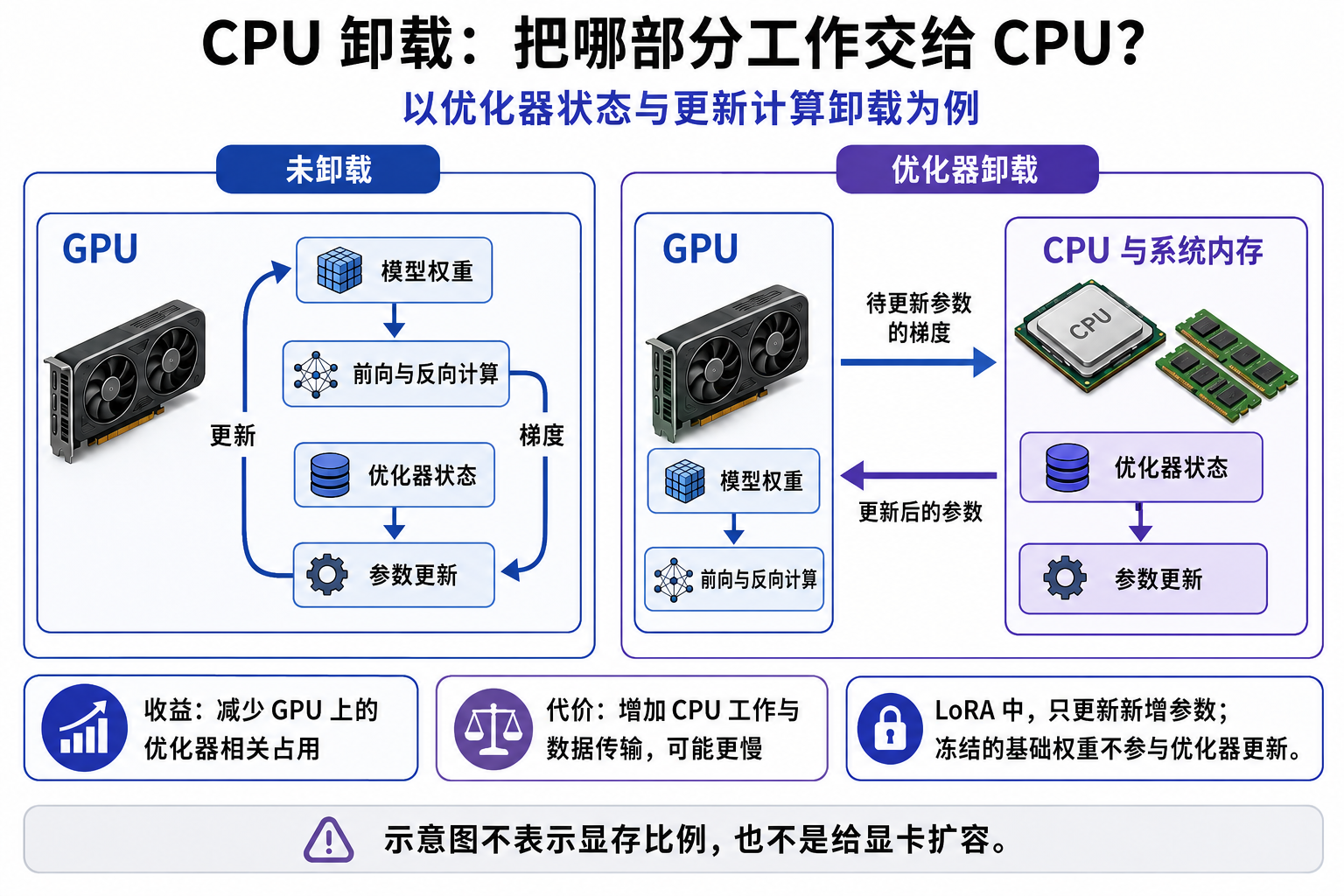 优化器卸载前后,GPU与CPU分别保存什么、计算什么,以及两者之间传递的数据