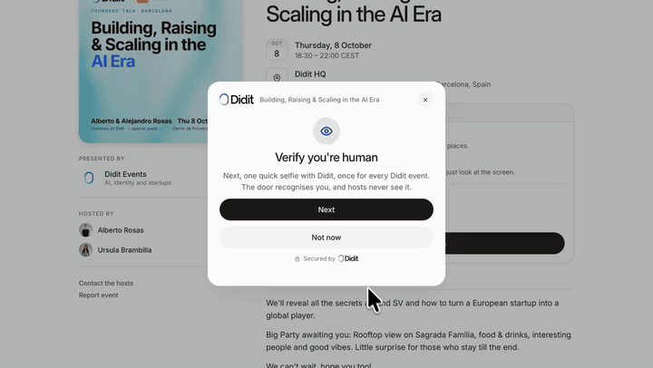 Didit Events demo: a guest requests a place, verifies with a selfie and checks in with their face