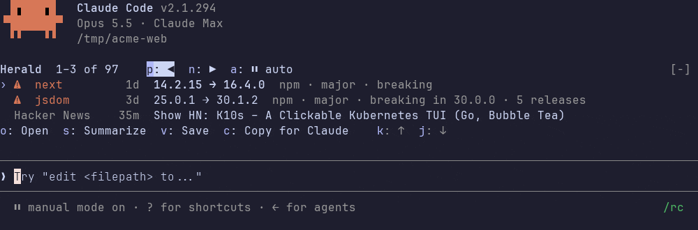 The Herald band above the Claude Code prompt. The first page shows two npm packages flagged with a warning sign for breaking releases, the next package from 14.2.15 to 16.4.0 and jsdom from 25.0.1 to 30.1.2, and a Hacker News headline. The band then turns to the next page of news and releases.