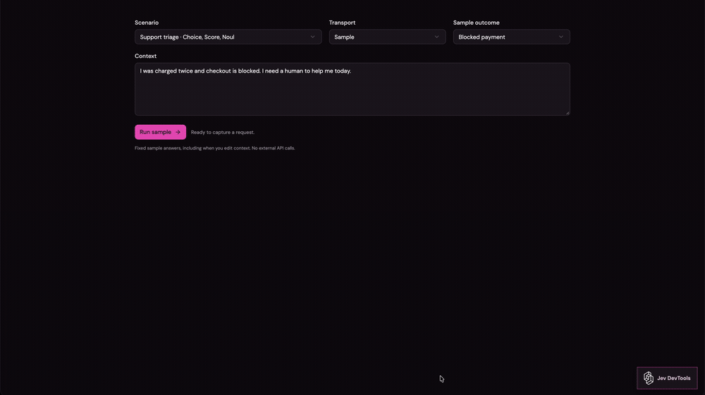 Full 28-second Jev DevTools demo showing sample results, the request drawer, and animated diagrams.