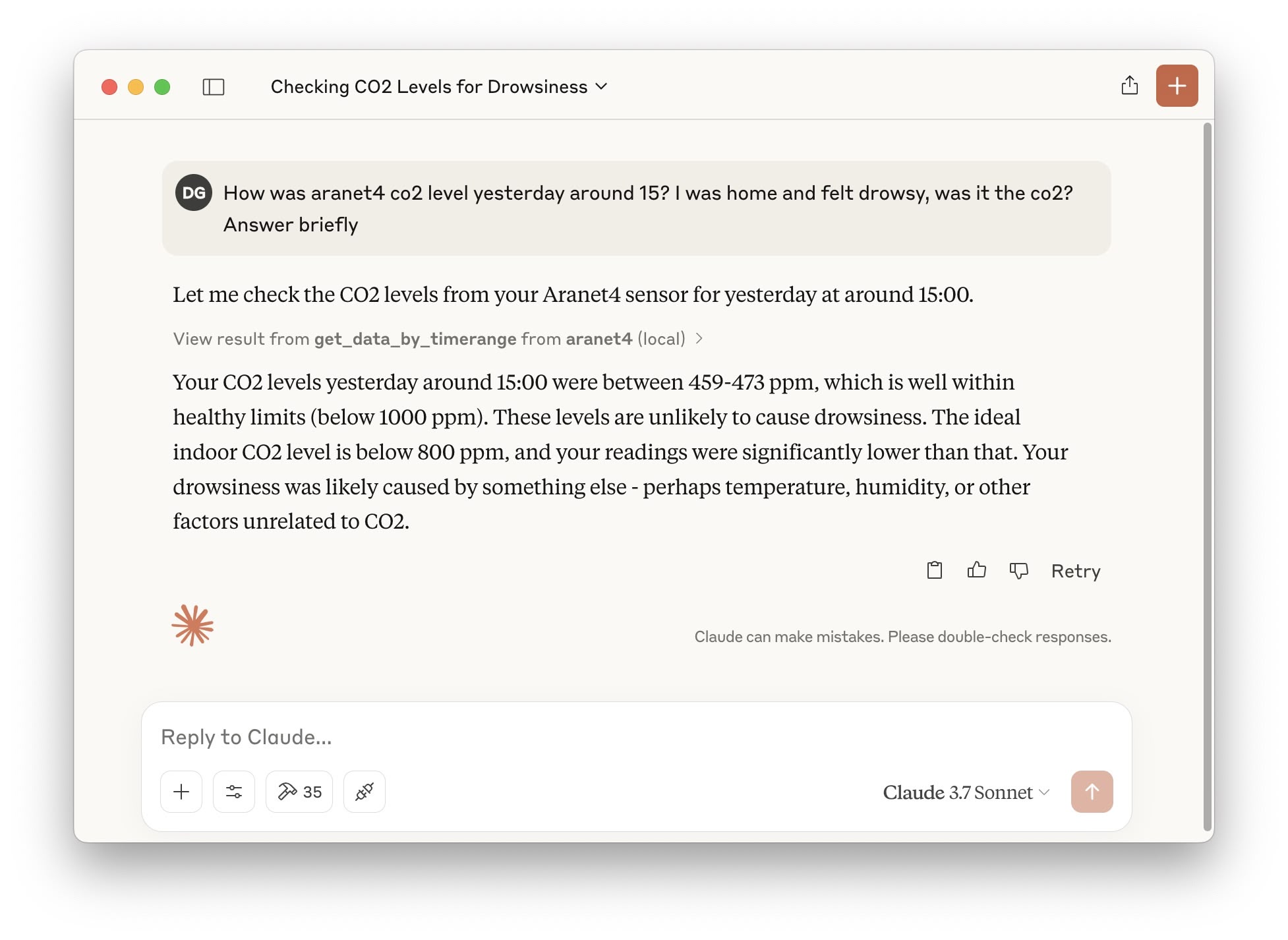 Example screenshot of the Aranet4 MCP Server running