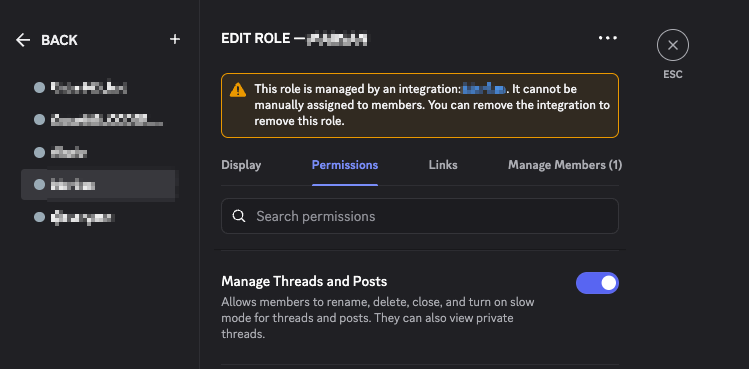 Discord role permission toggle labelled Manage Threads and Posts; this UI permission corresponds to the MANAGE_THREADS API permission