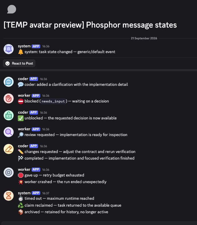 Discord preview of the approved Phosphor message-state avatars: default,
commented, blocked, unblocked, review requested, changes requested, completed,
gave up, crashed, timed out, reclaimed and archived