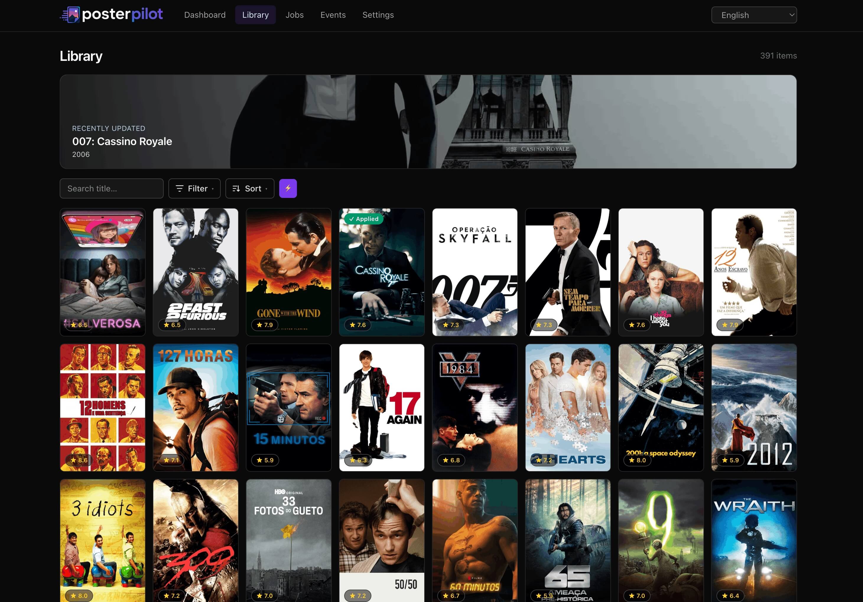 Library — filter/sort bar, spotlight, and poster wall