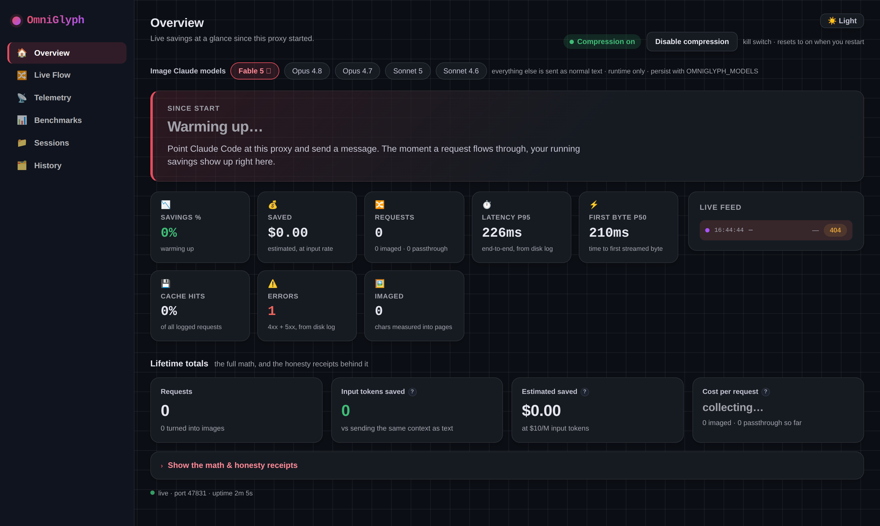 Overview: mission-control KPI cards, savings sparkline and live event feed