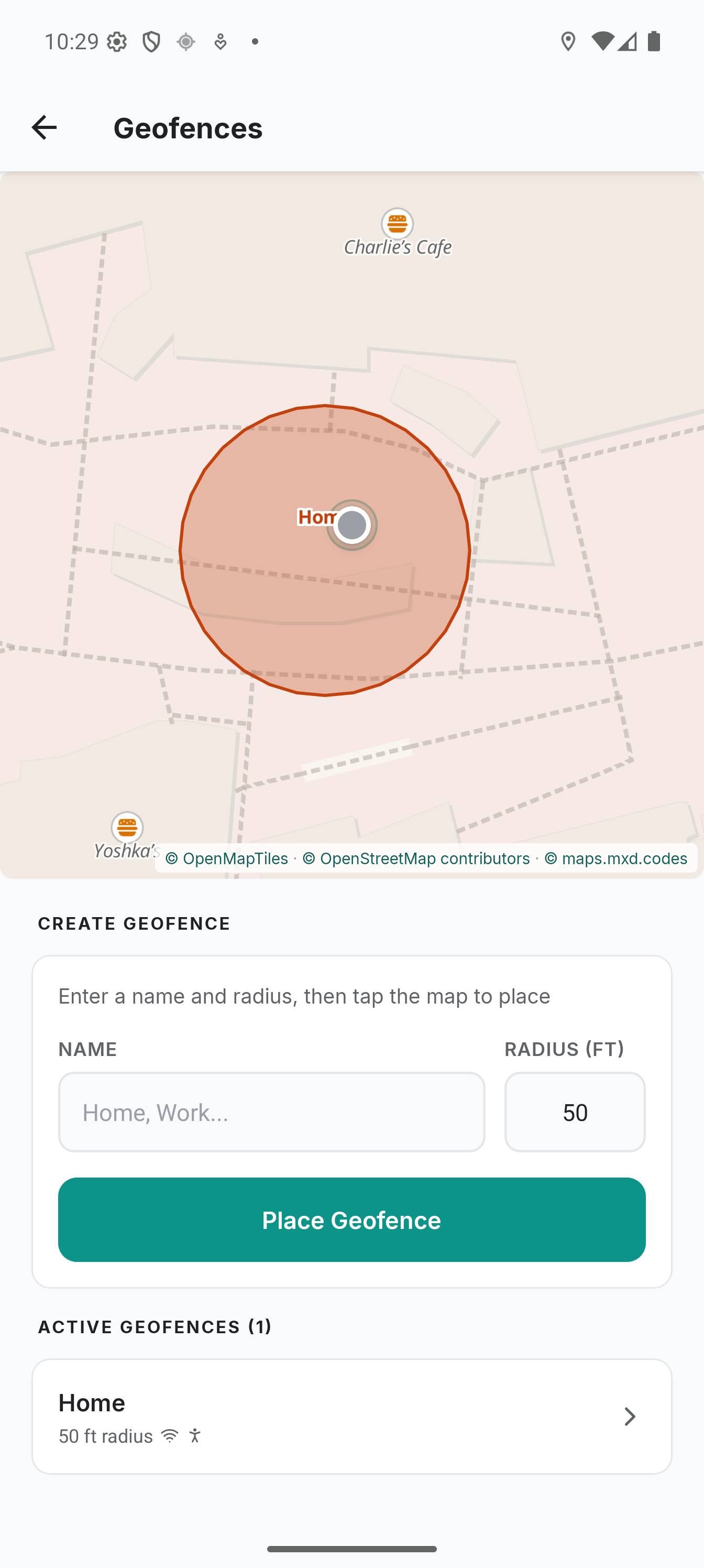Geofence screen with pause zone