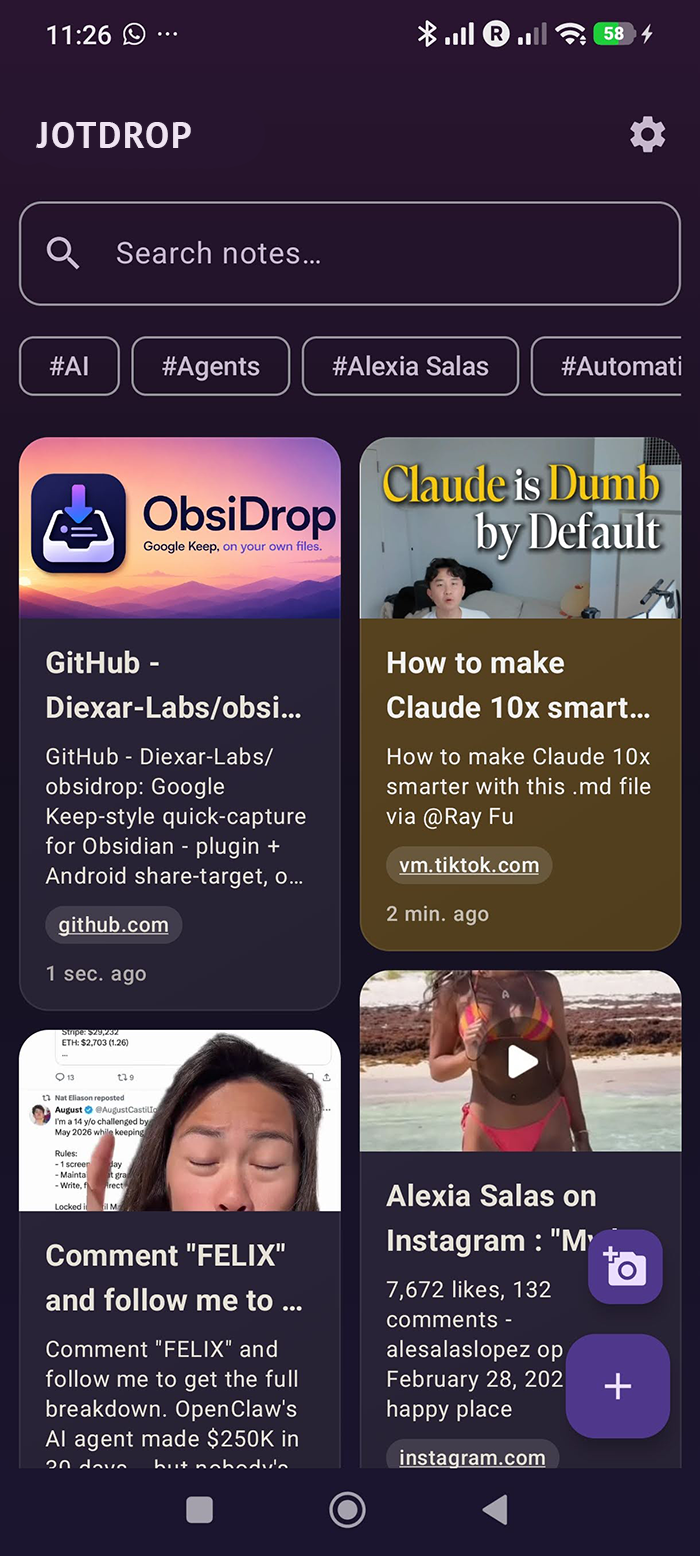 JotDrop Android home screen with 2-column card grid