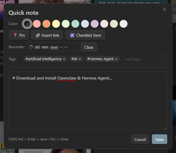 Quick-note editor in Obsidian with color, tags, checklist toolbar