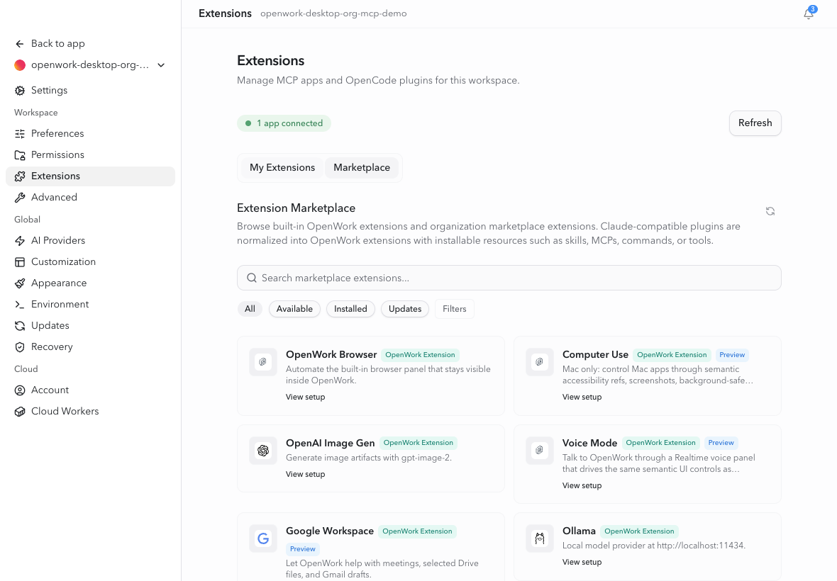 Marketplace shows the org MCP connection with Connect your account