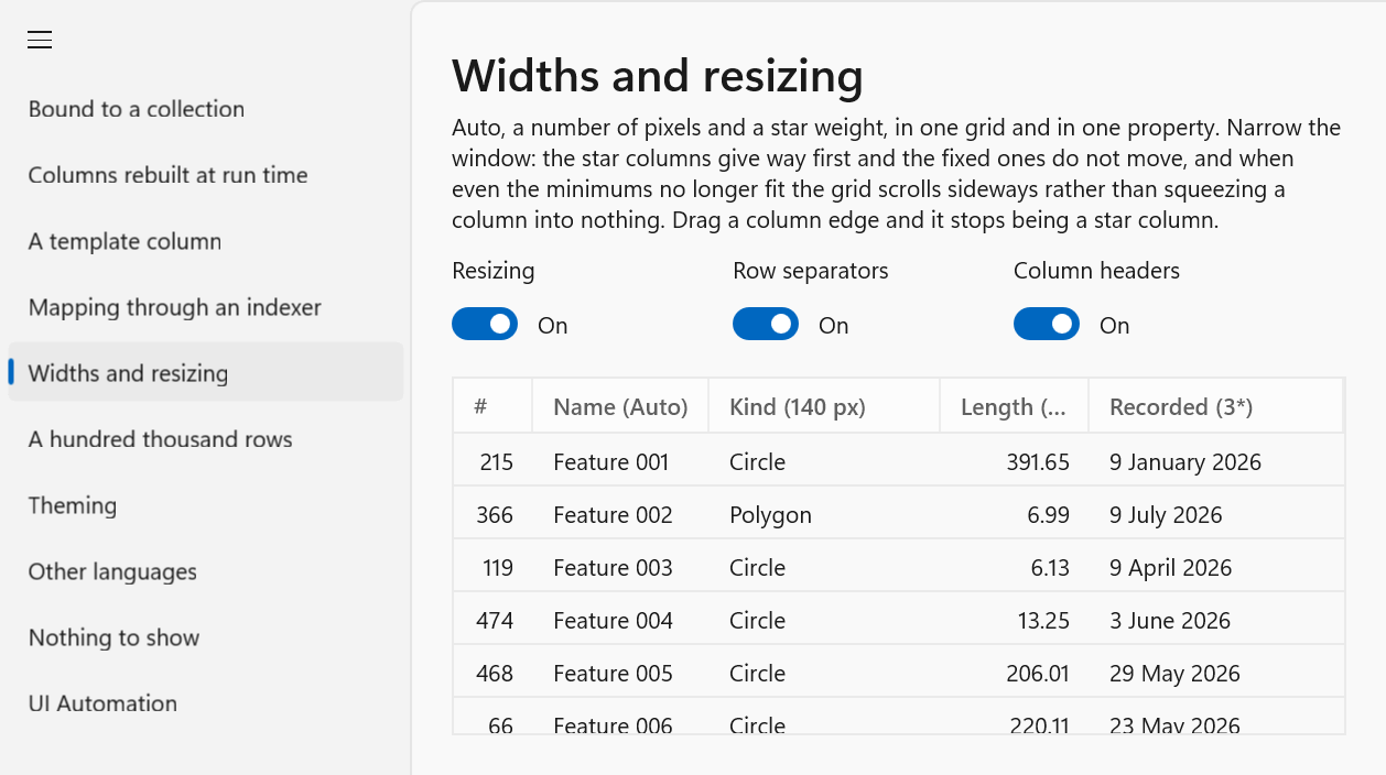 The gallery: a grid with an automatic column, a fixed one and two star columns, over rows of measured features, with switches for resizing, row separators and column headers