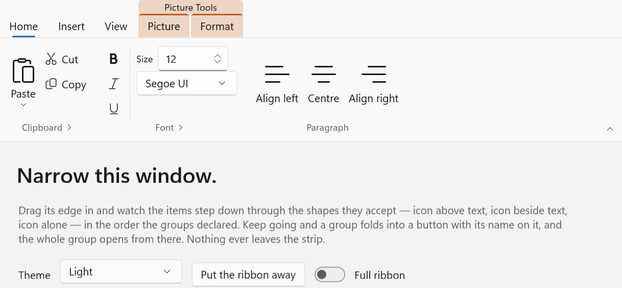 The gallery: a Home tab with Clipboard, Font and Paragraph groups, items at three sizes, a hosted number box and combo box, the chevron that puts the ribbon away, and a Picture Tools heading in its own colour over two contextual tabs that have just arrived