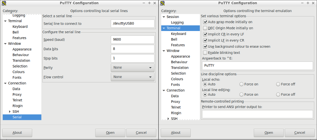 Putty serial setup