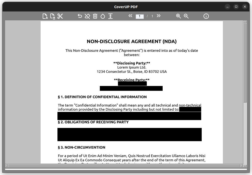 A screenshot of PDF redaction Software | Ein Screenshot der Softwäre zum Schwärzen von PDF-Dokumenten