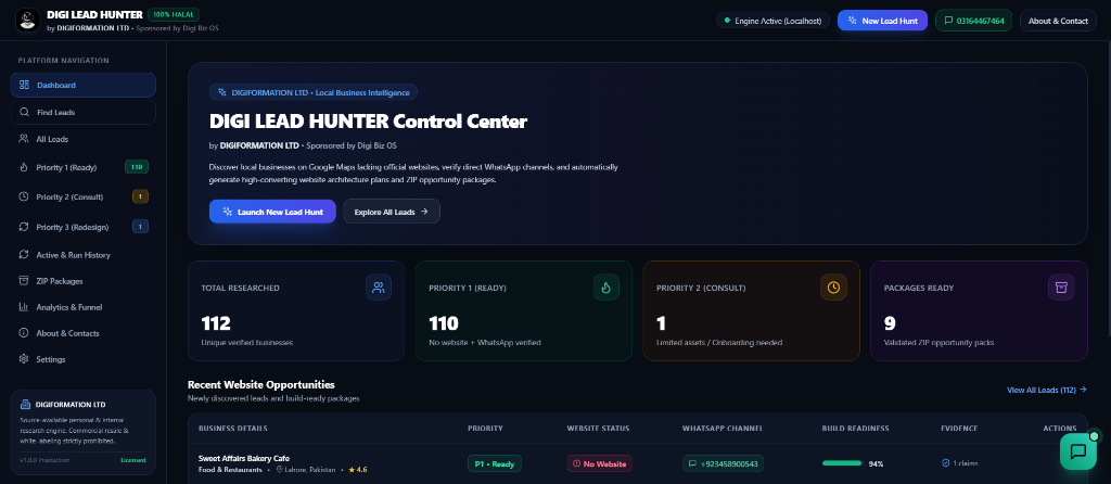 DIGI LEAD HUNTER Control Center UI