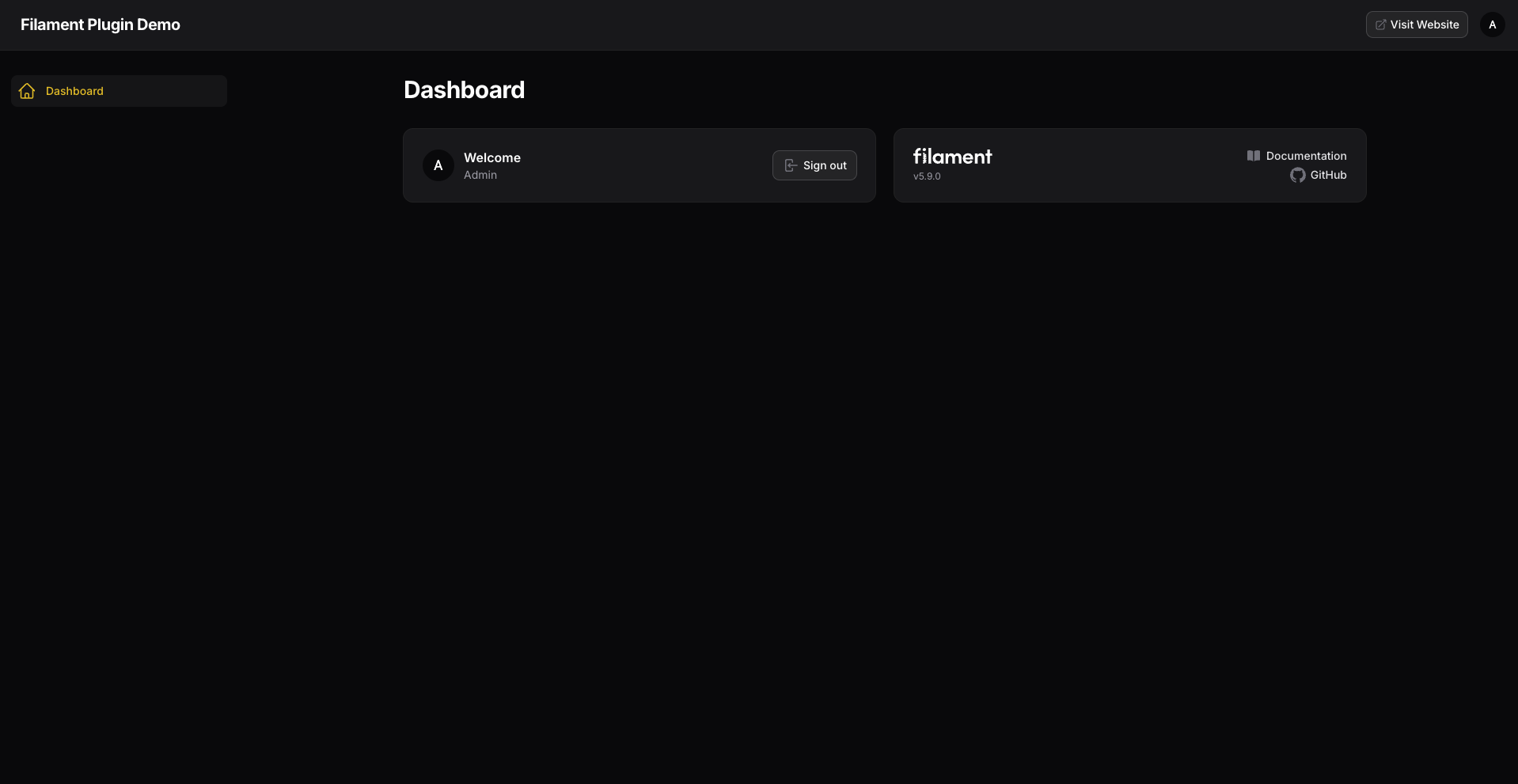 Filament View Website in dark mode