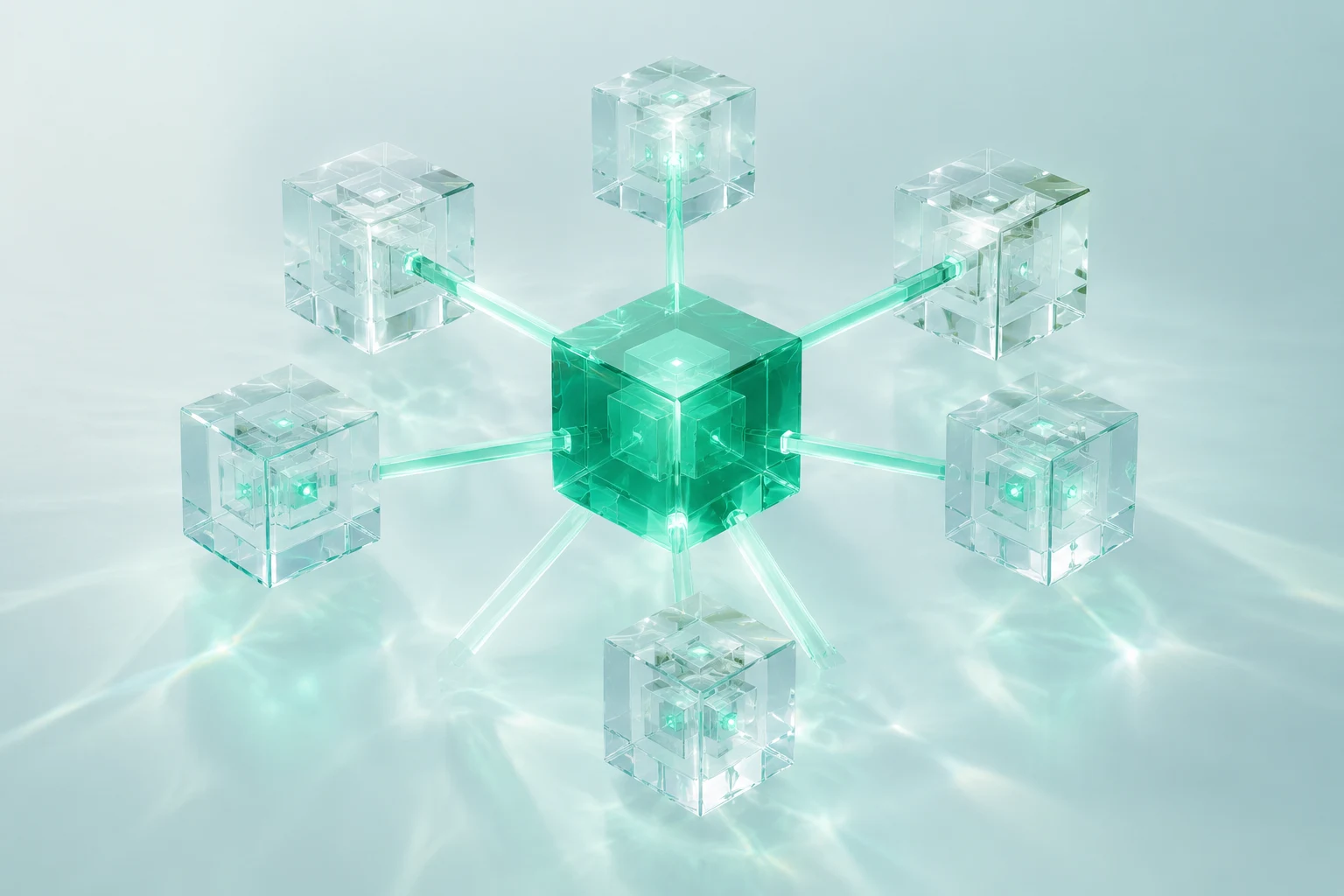 A glass sphere holding a glowing network of connected points, on a glass plinth