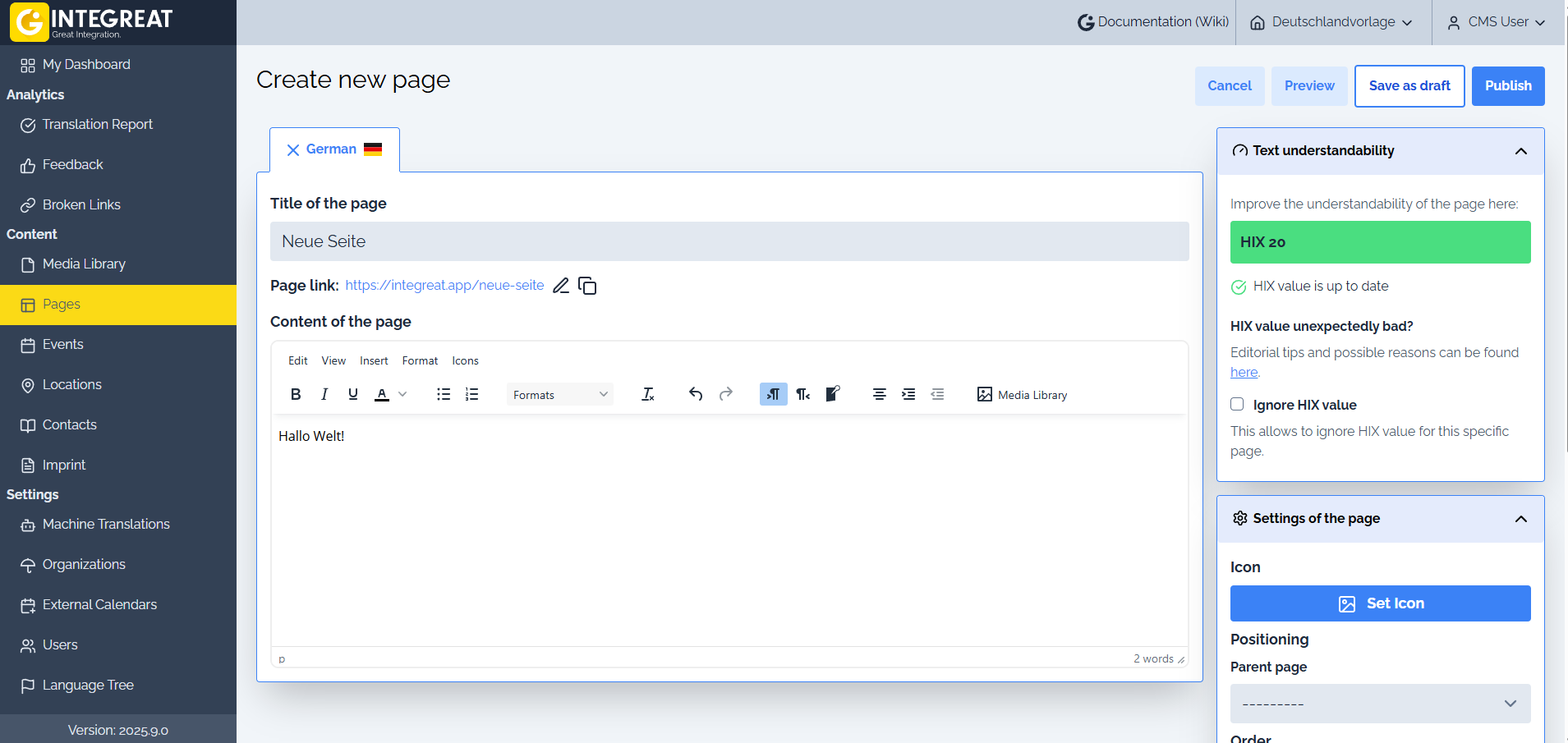 A screenshot of the content form