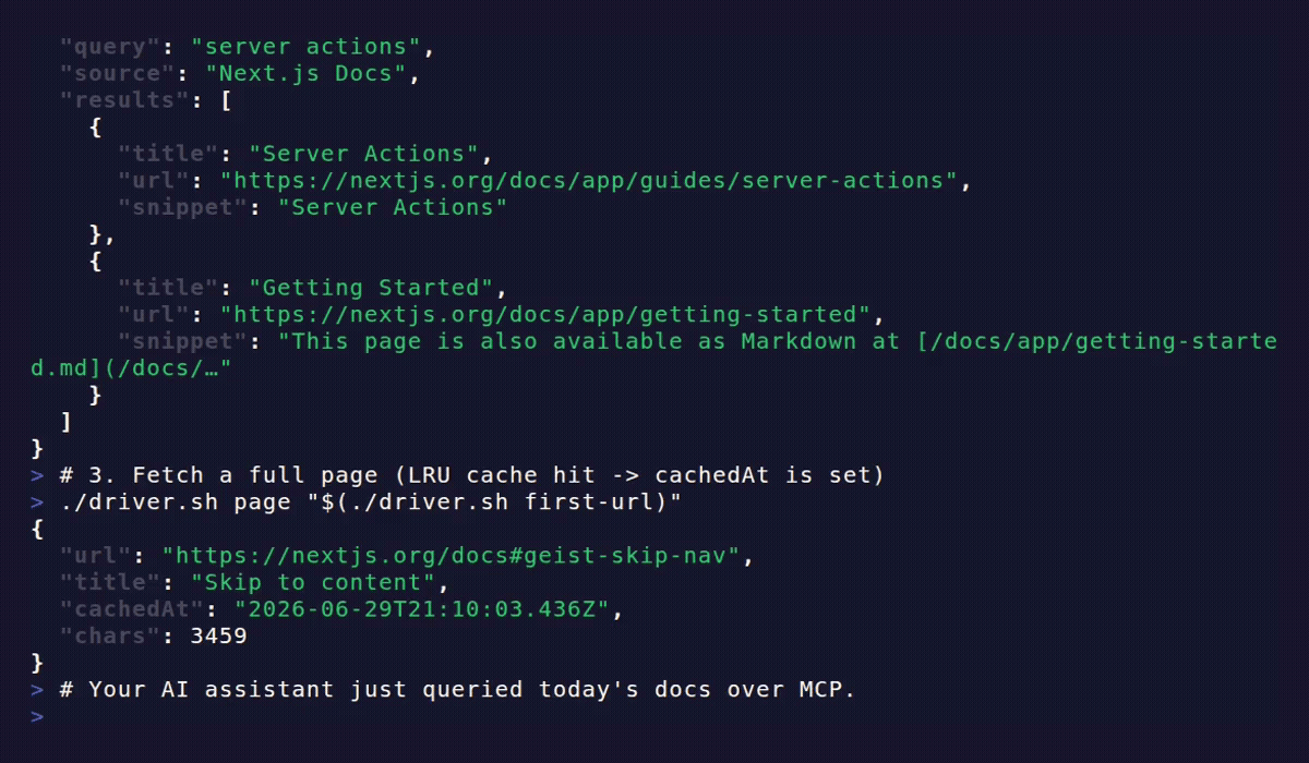 Docs MCP Server Starter demo — get_toc, search_docs, and get_page over MCP against the live Standby server