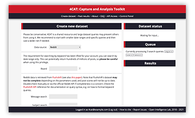 A screenshot of 4CAT, displaying its 'Create Dataset' interface