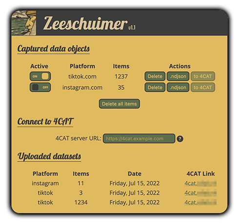 A screenshot of Zeeschuimer's status window