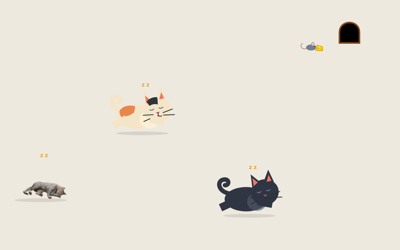 A mouse carrying cheese while nearby cats nap