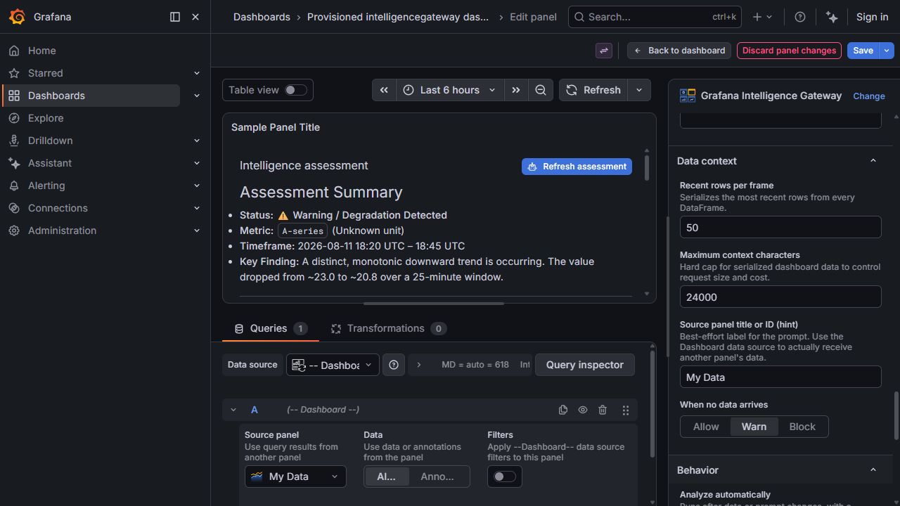 Dashboard data source and source panel selection