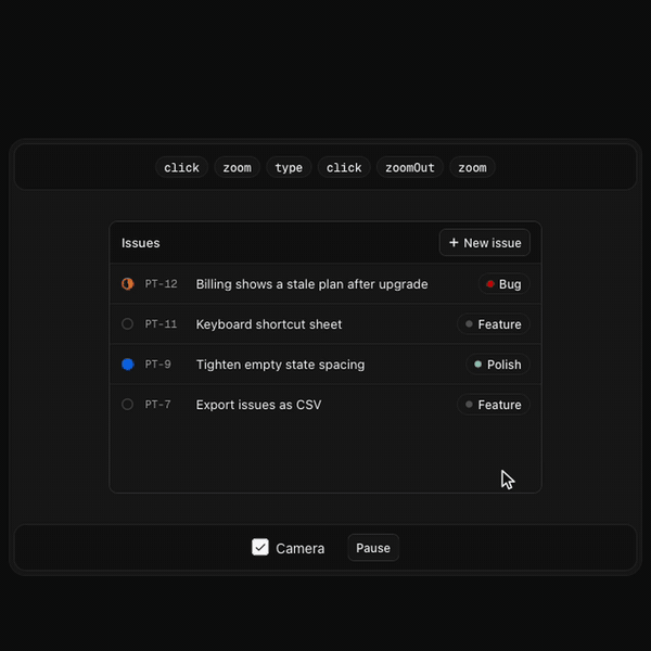 playthru running its demo on a live issue tracker: the cursor opens the composer and types, a real mouse takes over and creates an issue, then the demo resumes and the page switches theme