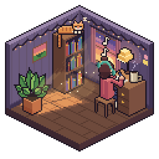 Animated isometric pixel-art bedroom at dusk with a girl doing homework and a cat asleep on the bookshelf, by Claude Opus 5.5
