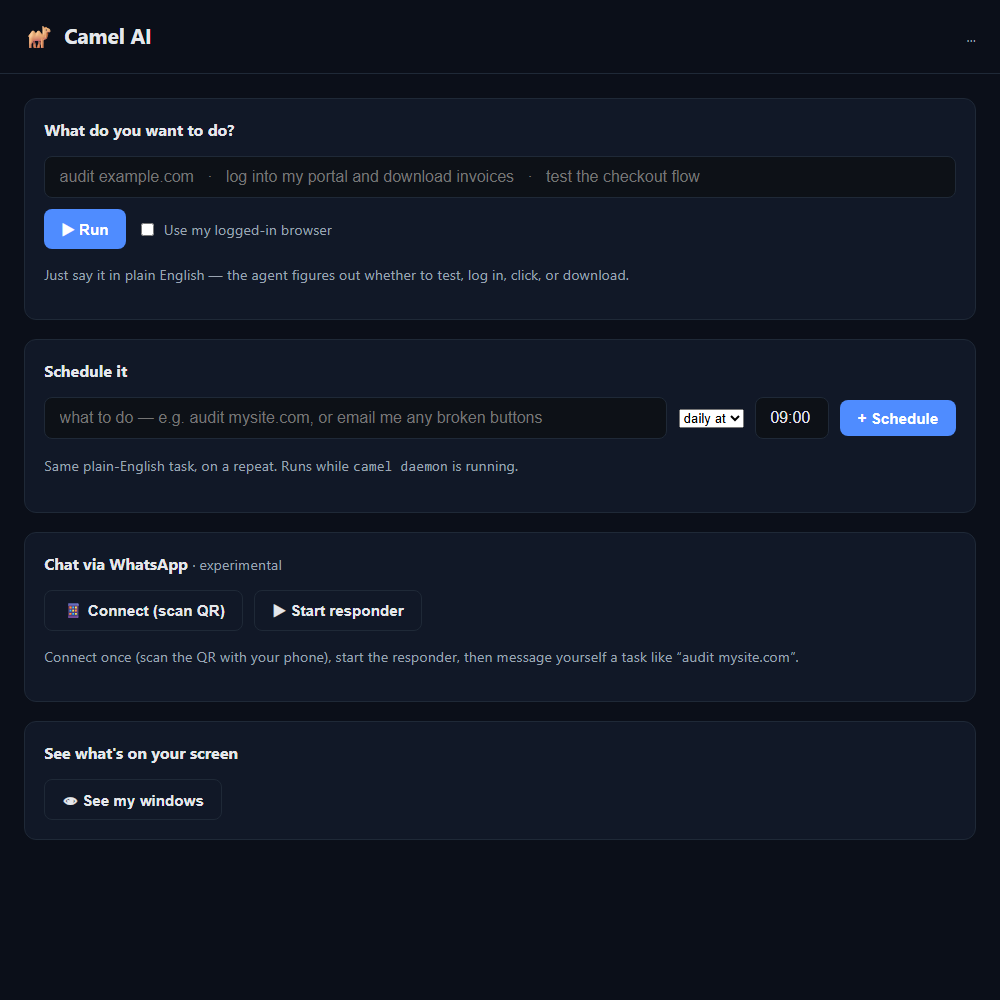 Camel AI dashboard