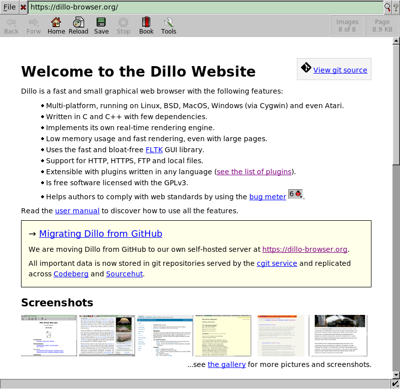 Screenshot of Dillo website rendered in Dillo