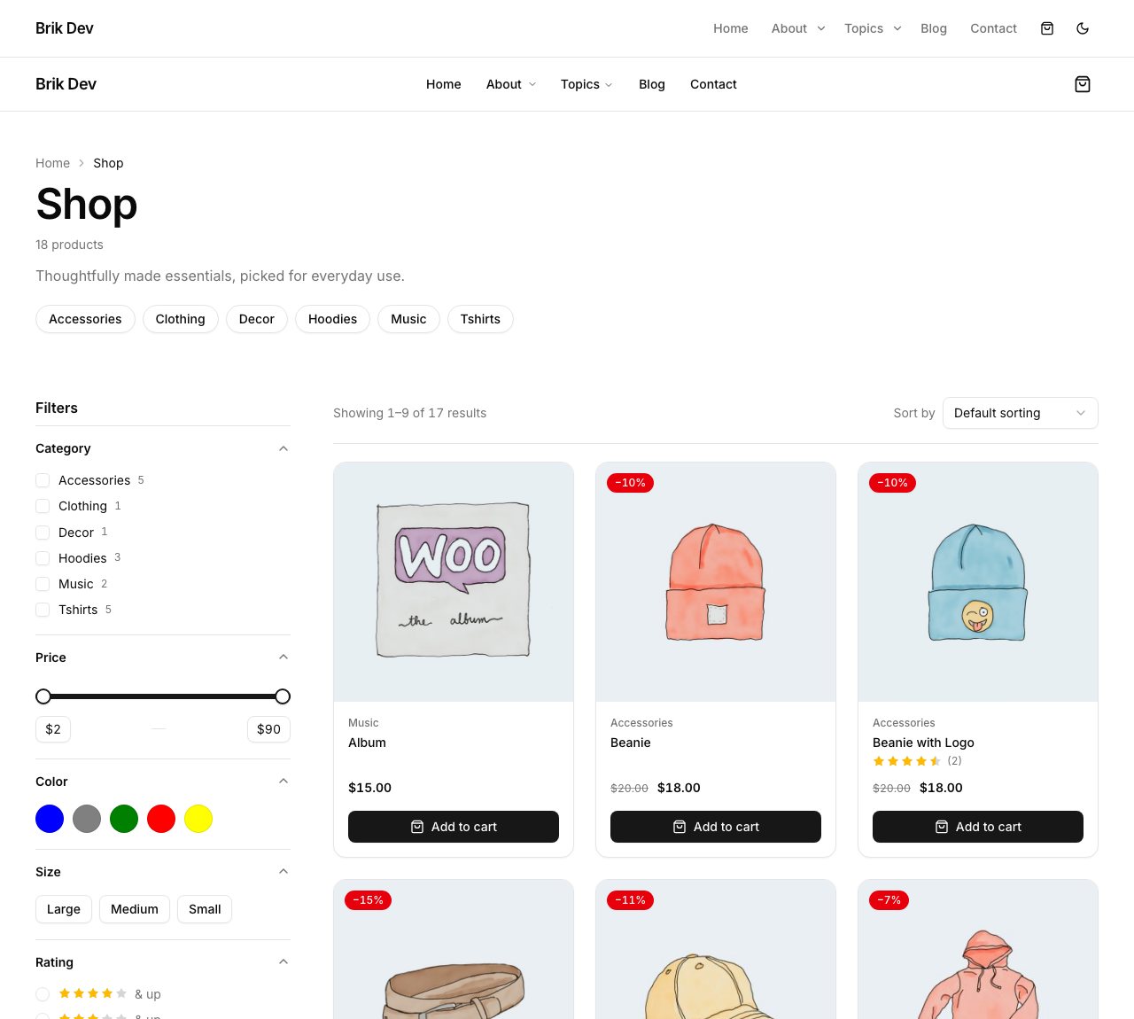 Shop page with filters