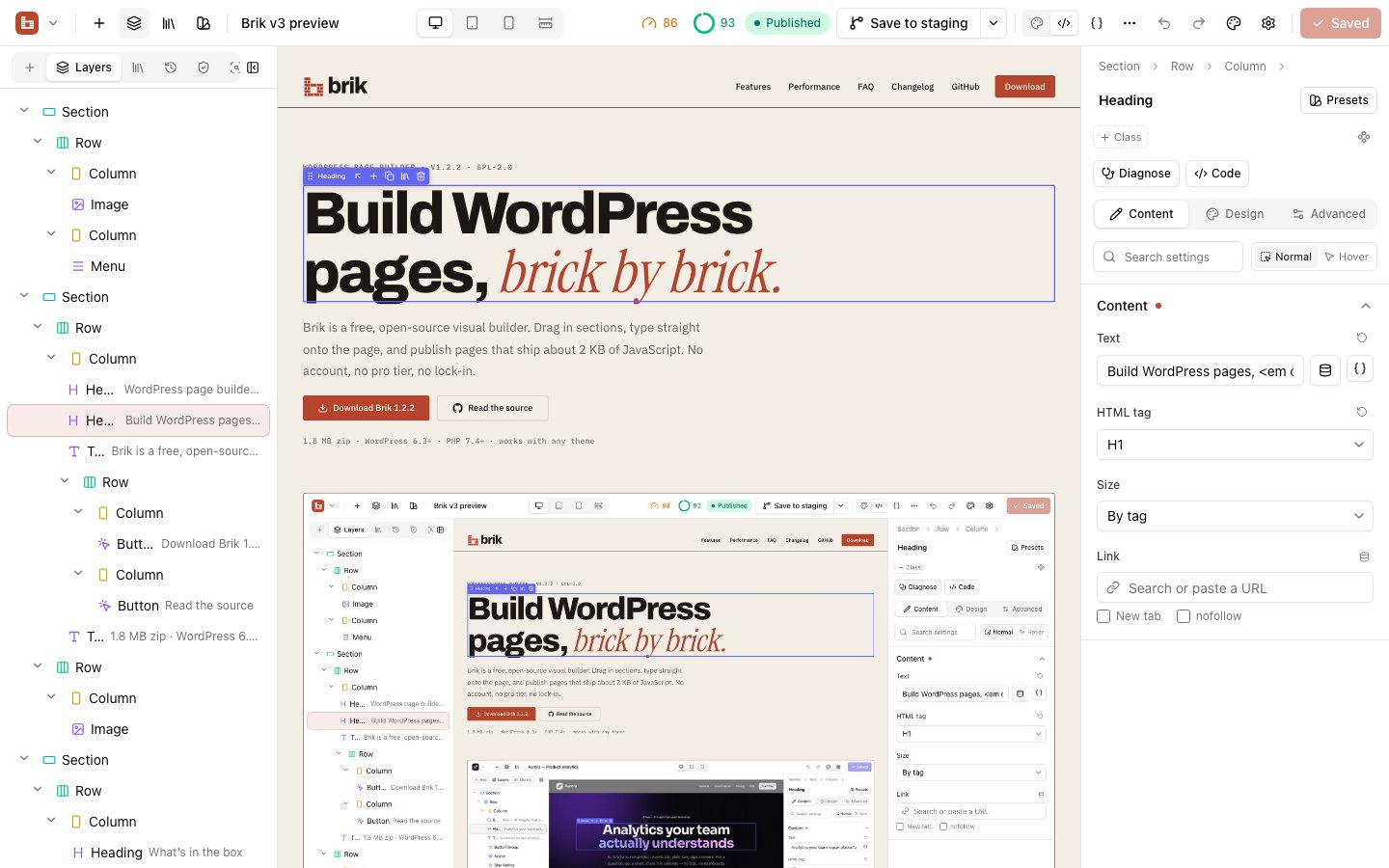 The Brik editor with brikwp.com open
