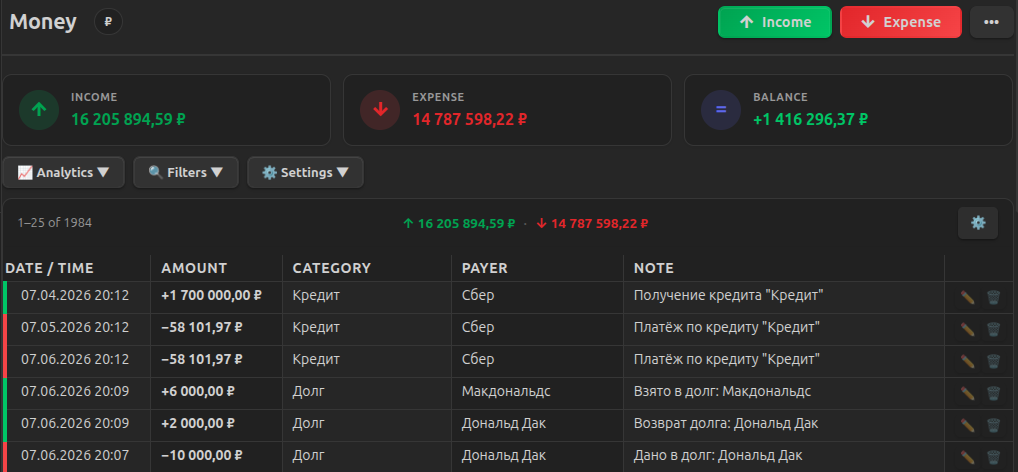 Finance Manager screenshot — Finance account code block in a note
