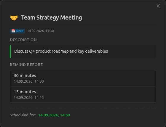 Simple Reminder screenshot — Reminder details modal