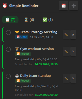 Simple Reminder screenshot — Sidebar reminder panel